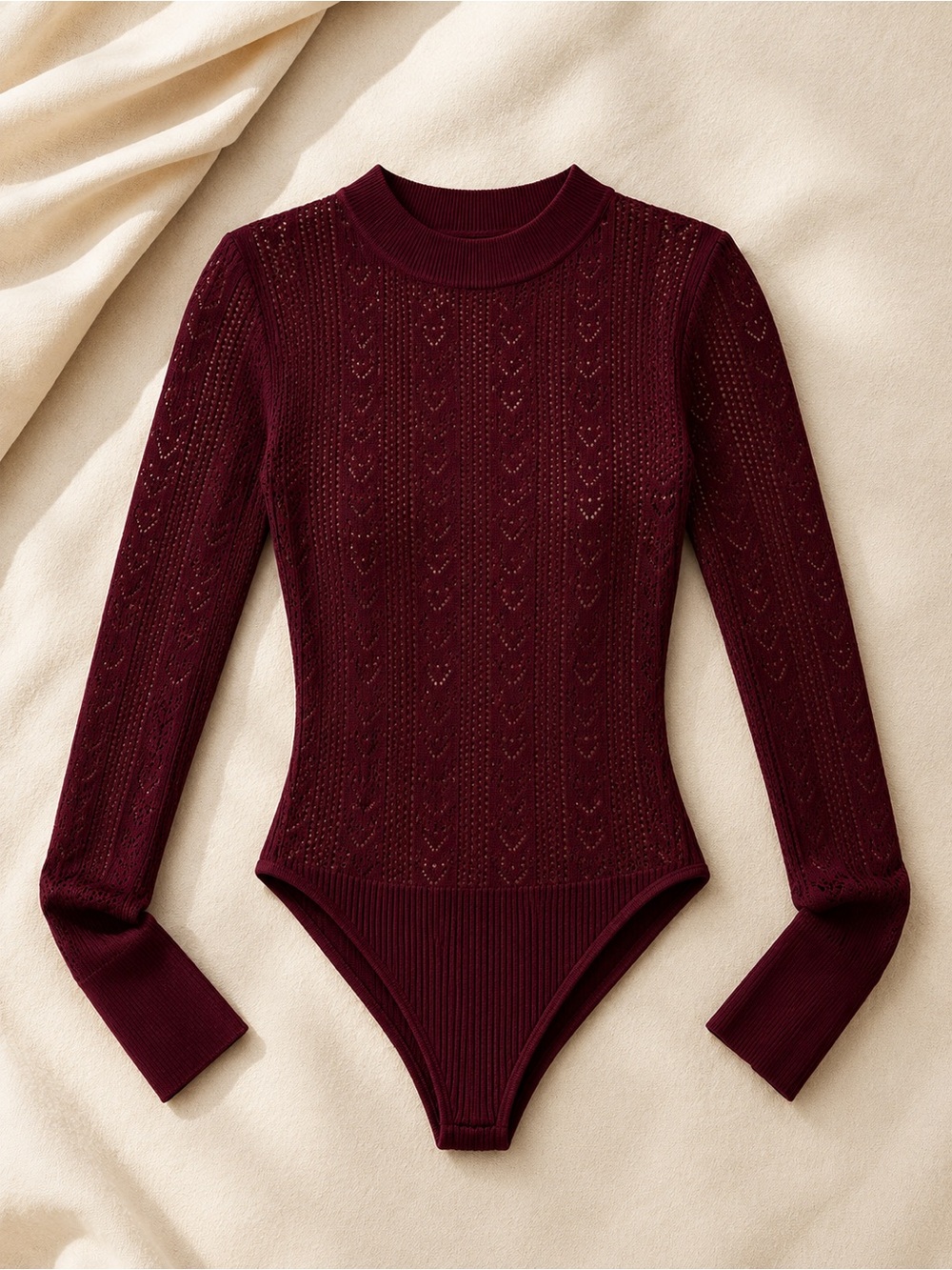 Intimately Free People Pointelle Knit Mock Neck Bodysuit Burgundy Small NWOT